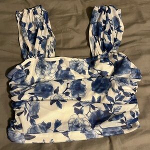 Blue Floral Cropped Tank Top